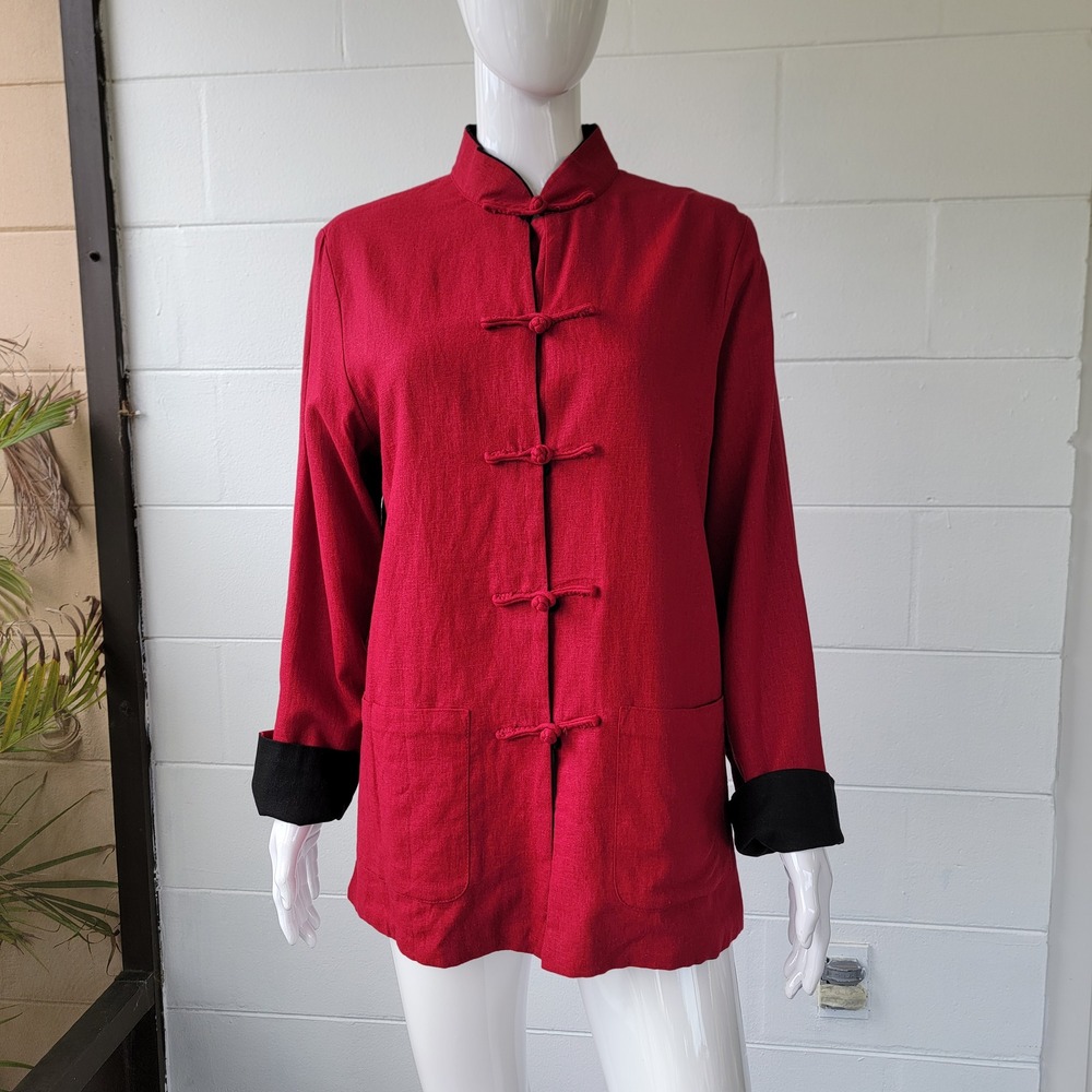 Reversible Tang Suit Jacket Red Black Women Large Vintage Traditional Minimalist